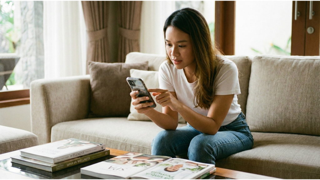 Seorang perempuan sedang mencari tentang apa itu spa.